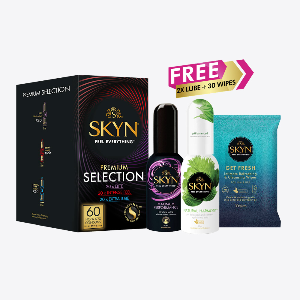 SKYN® Selection Condom 60pk + Maximum  Performance 80ml Lube + Natural Harmony 80ml Gel + Get Fresh Wipes 30pk